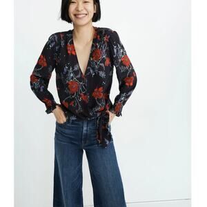 New MADEWELL Women's Loose Bouquet Night Vision Smocked Sleeve Wrap Top Size XS